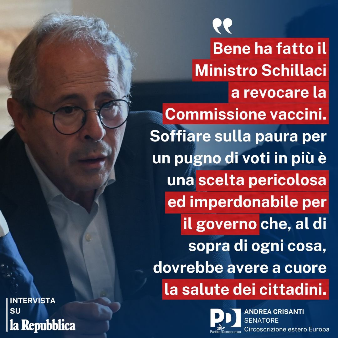 Andrea Crisanti (@crisantieuropa) on Twitter photo Soffiare sulla paura e sull’ignoranza e strizzare l’occhio ai #novax per un pugno di voti in più è una scelta pericolosa ed imperdonabile per il governo che, al di sopra di ogni cosa, dovrebbe avere a cuore la salute dei cittadini.
Ne ho parlato oggi su <a href="/repubblica/">Repubblica</a>.
#NITAG Soffiare sulla paura e sull’ignoranza e strizzare l’occhio ai #novax per un pugno di voti in più è una scelta pericolosa ed imperdonabile per il governo che, al di sopra di ogni cosa, dovrebbe avere a cuore la salute dei cittadini.
Ne ho parlato oggi su <a href="/repubblica/">Repubblica</a>.
#NITAG