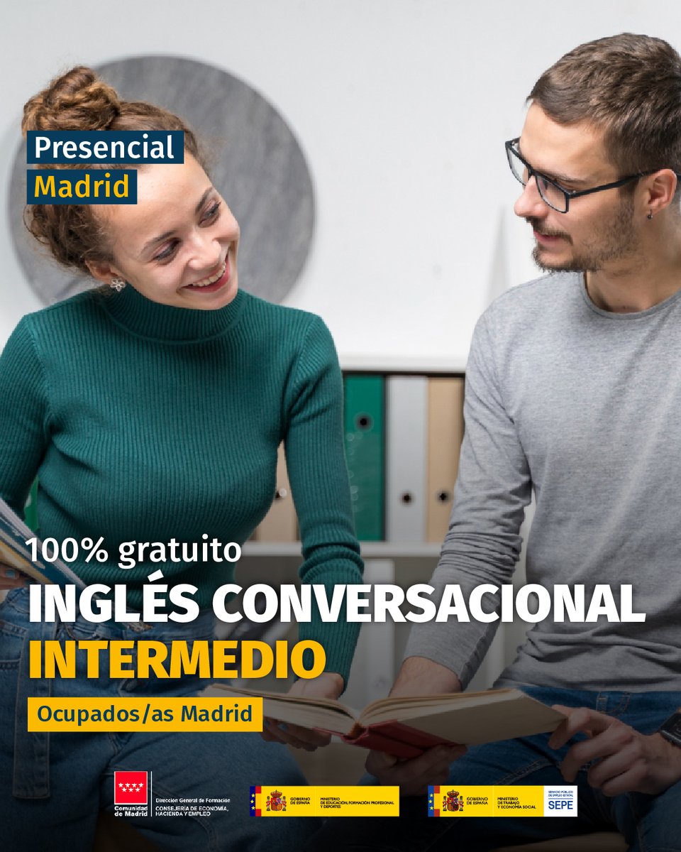 📍 #Madrid
📚 Inglés conversacional intermedio
👫 Ocupados/as de Madrid.

Si estás interesad@ en esta formación o en alguna otra, déjanos tus datos en el siguiente formulario y te informaremos sin compromiso 🙂.
euroformac.eu/informame