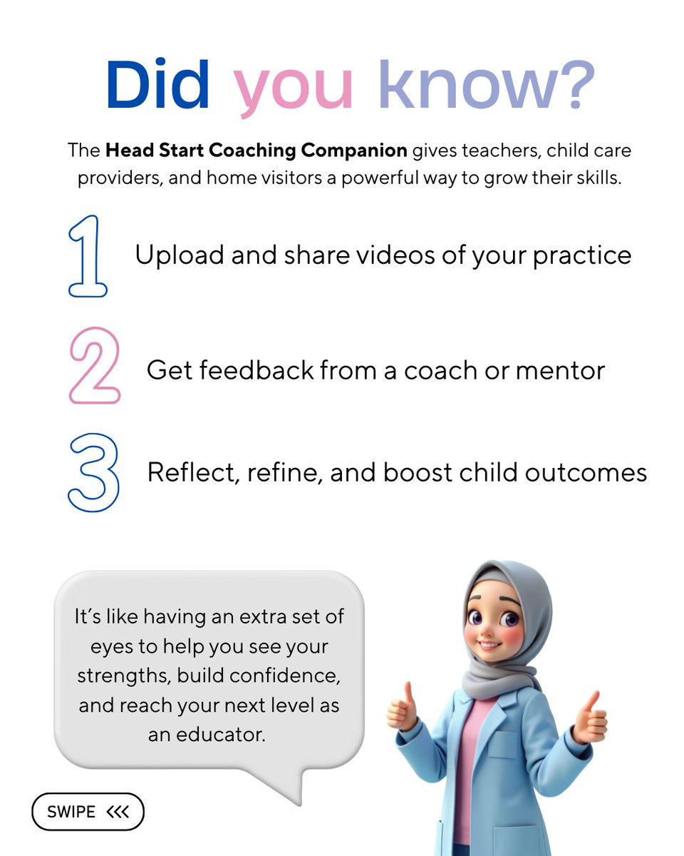 ProgramsParents's tweet photo. The Head Start Coaching Companion gives child care providers and educators access to free coaching, video feedback, and self-reflection tools that strengthen practice and improve child outcomes. 🌟

#HeadStart #ChildCareProviders #EarlyChildhoodEducation #ProfessionalDevelopment https://t.co/xvPaakgRJm