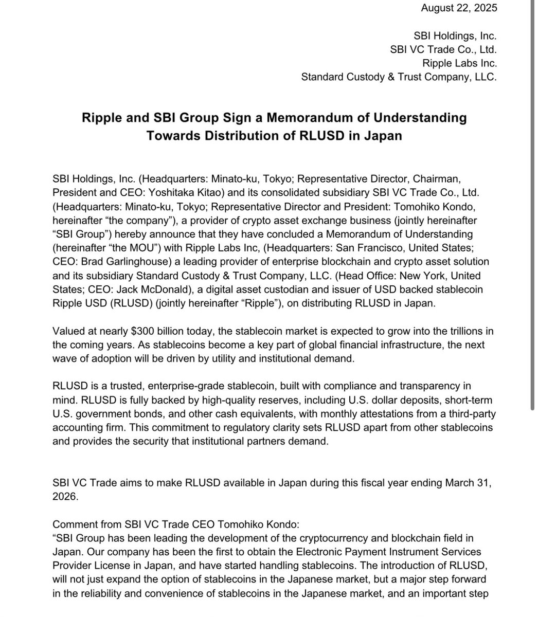 Reignots's tweet image. SBI Holdings $SBHGF is about to own the stablecoin market in Japan, one very prone to leapfrog fintech innovation given how backwards it is, signs up $CRCL and $XRP as partners, and you are still now buying the stock???