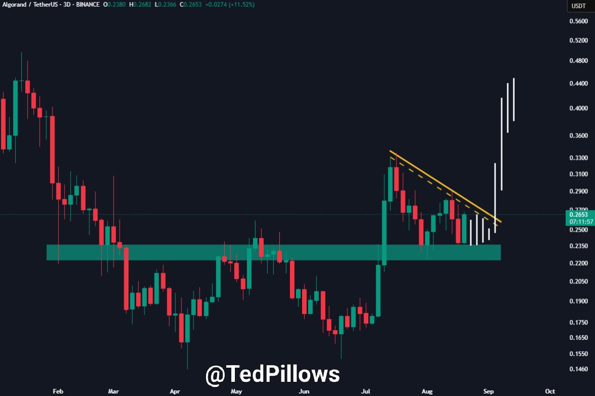 $ALGO is looking really good here.

Strong bounceback from the support level, and now it's about to breakout above its downtrend.

With the market momentum looking bullish, $0.35-$0.4 ALGO could happen soon.