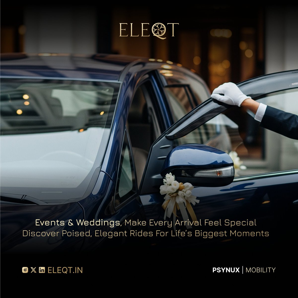 eleqt_in's tweet photo. Celebrate life’s finest moments with @eleqt_in. Timeless elegance, punctuality, and sophistication in every ride.

#Eleqt #WeddingChauffeur #LuxuryEvents #TimelessElegance #Psynux
@Psynuxsoftware |
@startup_odisha | @startupindia https://t.co/t0t6jiR6A4