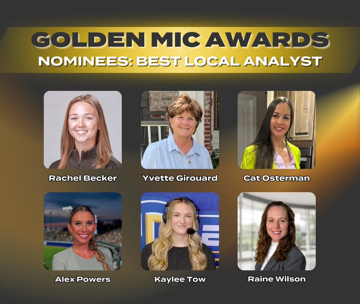 Introducing the Golden Mic Award nominees for Best Local Analyst🎙️ 

🗳️Vote for all 12 categories here: d1sb.co/3UB2AhP

<a href="/Rachel_Becker15/">Rachel Becker</a> 
<a href="/GirouardYvette/">Yvette Girouard</a> 
<a href="/catosterman/">Cat Osterman OLY</a> 
<a href="/alexxpowers/">Alex Powers</a> 
<a href="/kaytow12/">kaylee tow</a> 
<a href="/Raine_Wilson/">Raine Wilson</a>