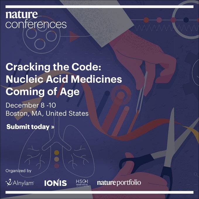 Alnylam's tweet photo. #RNA researchers! Submit your abstract - https://t.co/1UAFYkgF1K - by Oct 10 to present at Cracking the Code: Nucleic Acid Medicines Coming of Age, a @Nature conference we’re co-organizing with @ionispharma &amp; @harvardstemcell.

Attend: https://t.co/2ibbHAB2Uz 

#siRNA #RNAi https://t.co/qTvRuxtCXi