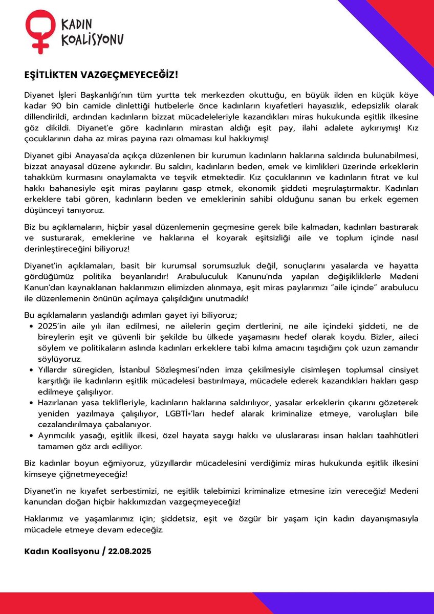 EŞİTLİKTEN VAZGEÇMEYECEĞİZ!
Diyanet İşleri Başkanlığı’nın tüm yurtta tek merkezden okuttuğu, en büyük ilden en küçük köye kadar 90 bin camide dinlettiği hutbelerle önce kadınların kıyafetleri hayasızlık, edepsizlik olarak dillendirildi, 🔗🧵