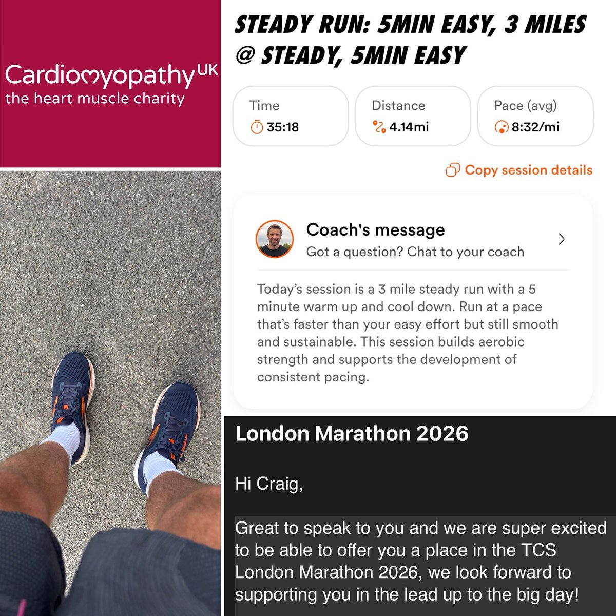 Today I dug out the running trainers again for day 1 of training 💪🏼

Thanks to @cardiomyopathyuk, I’ve been offered a fundraising place to run London Marathon 2026!

Can’t wait to join Team Coope on this challenge. Further details to follow ❤️

#cardiomyopathy #londonmarathon2026