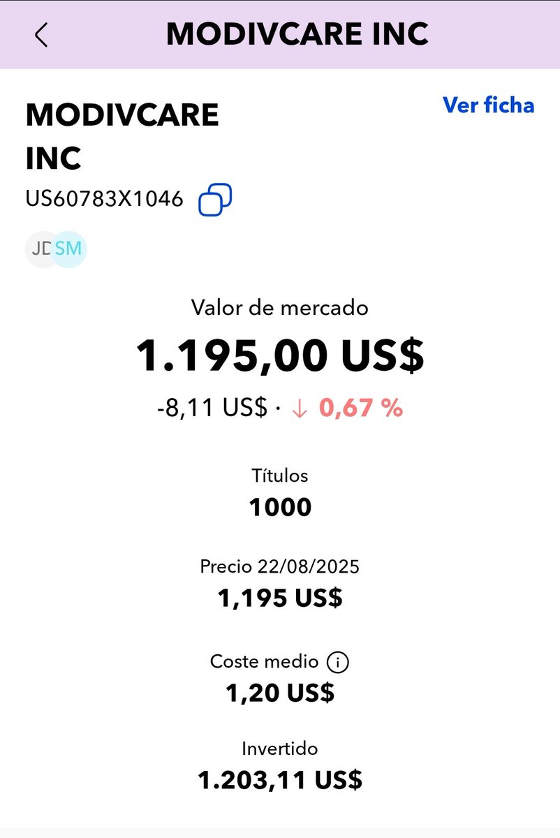 Inversora365's tweet image. He comprado 1000 títulos de #MODV a 1,20$. Inversión de 1000 euros a muy C/P.

A ver si sale🤭