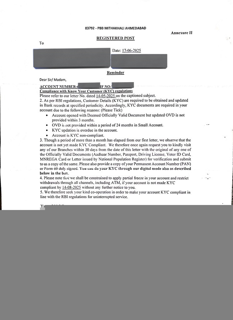 bisaiyed's tweet photo. @TheOfficialSBI @OfficialSBICare @RBI Received a KYC notice from SBI – PBB Mithakhali Branch, A'bad. 
Issued: 17-06-2025
Refers: 14-05-2025 
Deadline: 14-08-2025 
Delivered: 22-08-2025
Deadlines without timely communication are meaningless. Accountability can’t shift to customers https://t.co/b5SUsme1vK