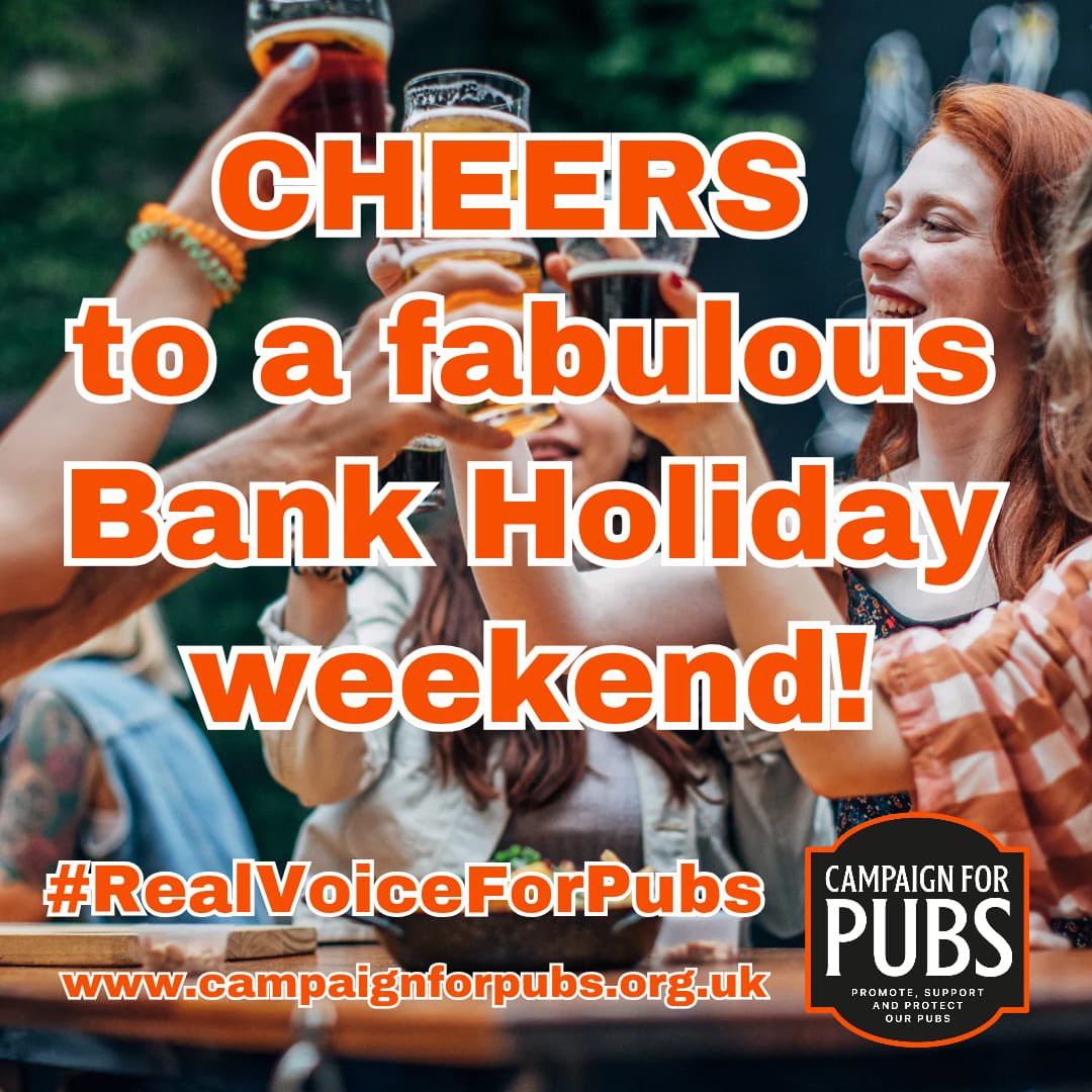 CampaignforPubs's tweet photo. It’s #bankholiday weekend, have a great one and get out and support #pubs wherever you are! 🍻🥂☕️🍽️☀️ 

Lots of pubs have events on this weekend, so look some of those up as well! 

#supportourpubs #supportpubs #ukpubs #bankholidayweekend https://t.co/GN83rQcG31