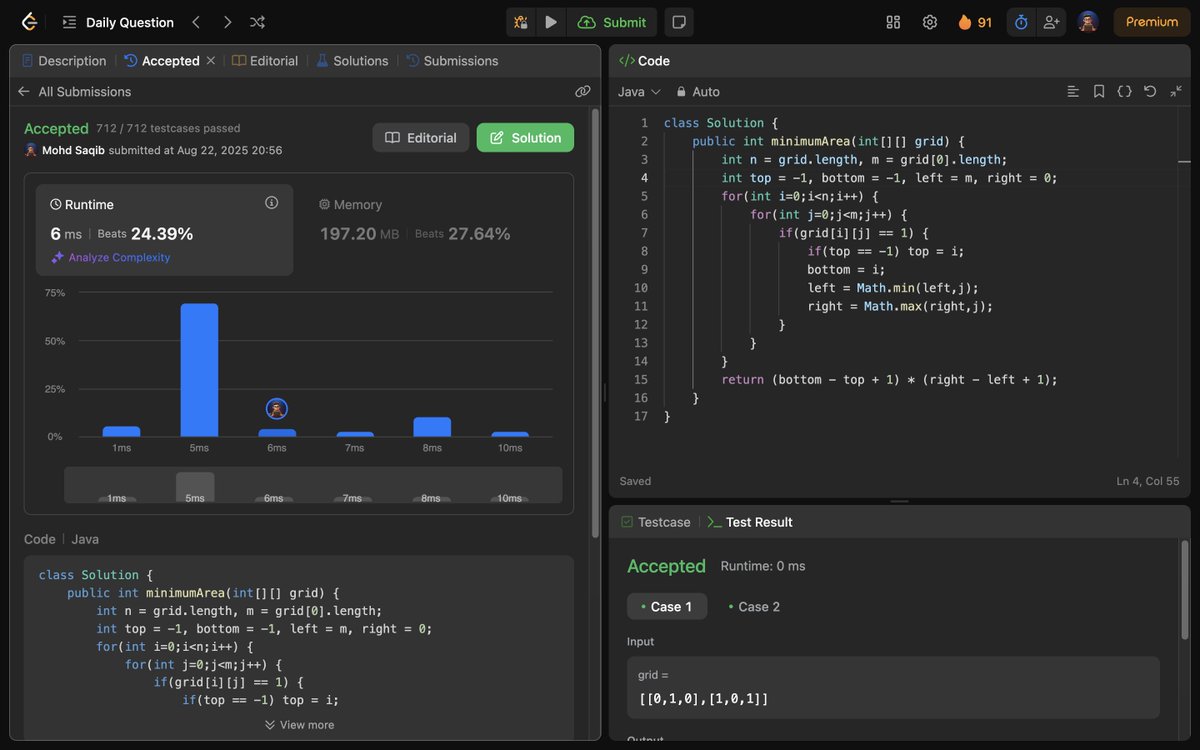Mohd_Saqib_'s tweet photo. 🚀 Day 393 of Code 🚀
Solved :
✅ 3195. Find the Minimum Area to Cover All Ones
#Day393 #LeetCode #DSA #ProblemSolving #CodingJourney #GridProblems #Algorithms #DataStructures #100DaysOfCode https://t.co/2JPWnuh5t7