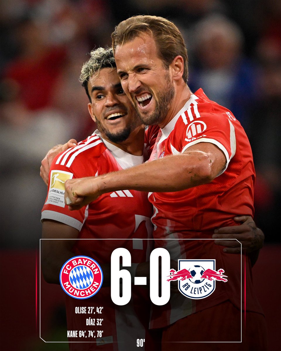 We start the season in style with SIX goals and three points from RB Leipzig to open the Bundesliga campaign! Who else but Harry Kane with  second-half hat trick to join a brace from Michael Olise and a first league goal for Luis Díaz! Bundesliga = on notice! #FCBRBL #FCBayern