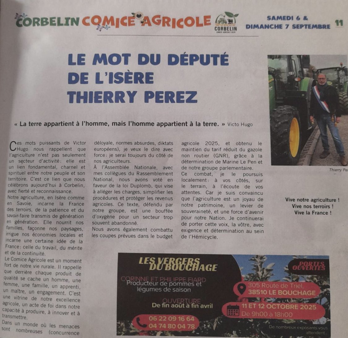 thierryperez_'s tweet photo. A l’occasion du comice agricole de Corbelin les 6 et 7 septembre prochains, retrouvez mon mot d’accueil de député de la circonscription dans le magazine de l’événement. Vive notre agriculture ! Vive nos terroirs ! Vive la France 🇫🇷 ! Venez nombreux ! #comice #agriculture https://t.co/EE5uyAwzOe