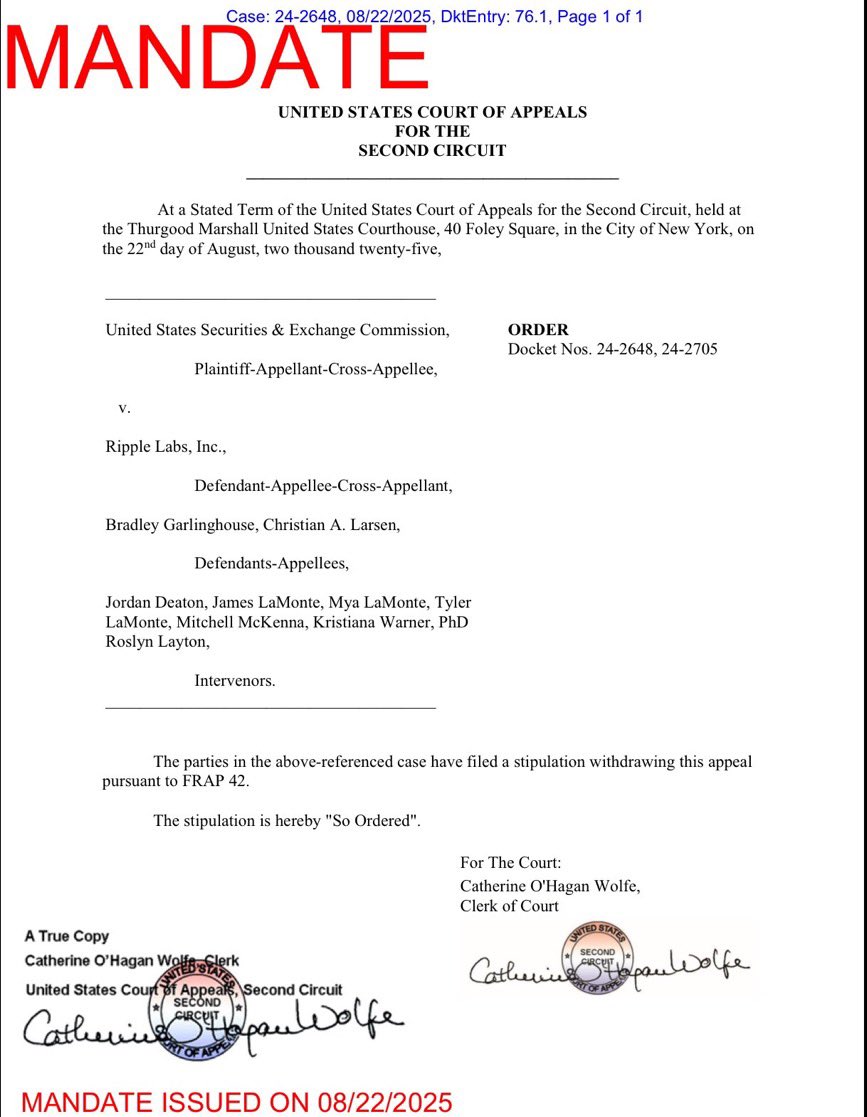 Breaking: #SECGov v. #Ripple #XRP The Second Circuit has approved the Joint Stipulation of Dismissal $XRP