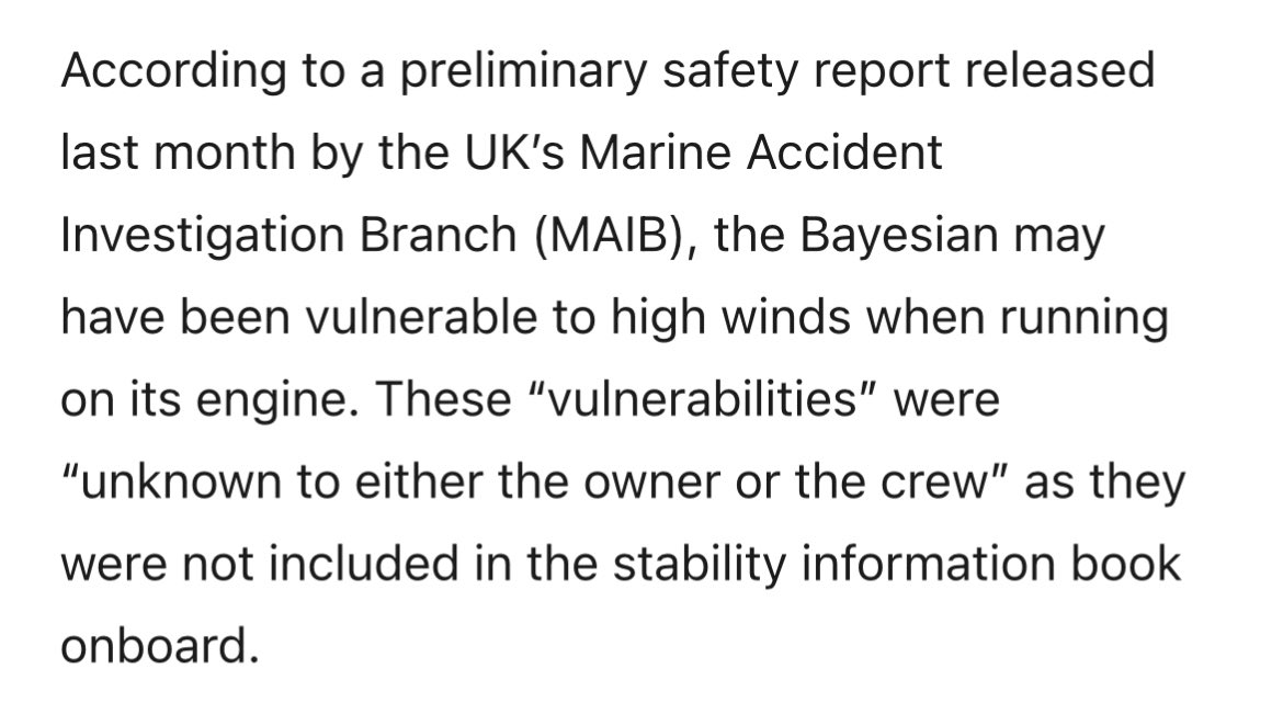 BenedettaTiezzi's tweet photo. “the Bayesian may have been vulnerable to high winds when running on its engine. These “vulnerabilities” were “unknown to either the owner or the crew” as they were not included in the stability information book onboard” 👉 @guardian https://t.co/paNs1rgni9 #Bayesian #MikeLynch https://t.co/v14soAkDvW