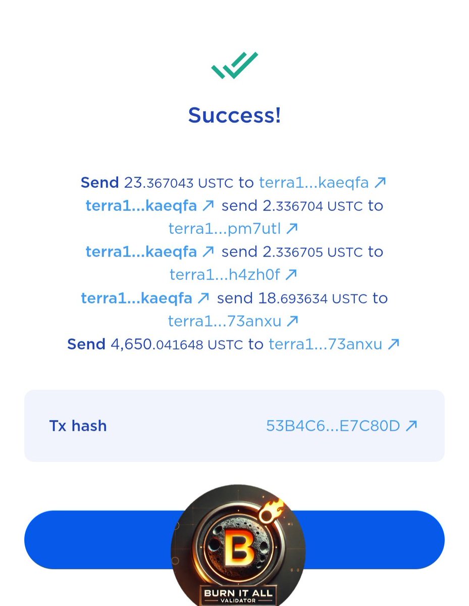 Burn Alert!!! ⚠️📢🔥🔥🔥
Week #102 and counting!

4,673 USTC being burned this week.

Shout out to Lunc Heroes Nft's for also helping to burn Ustc.  And a big thank you to those who support, delegate, and donate to our BIA Validator.

Enjoy your weekend, Lunc Community!  🚀🚀🚀