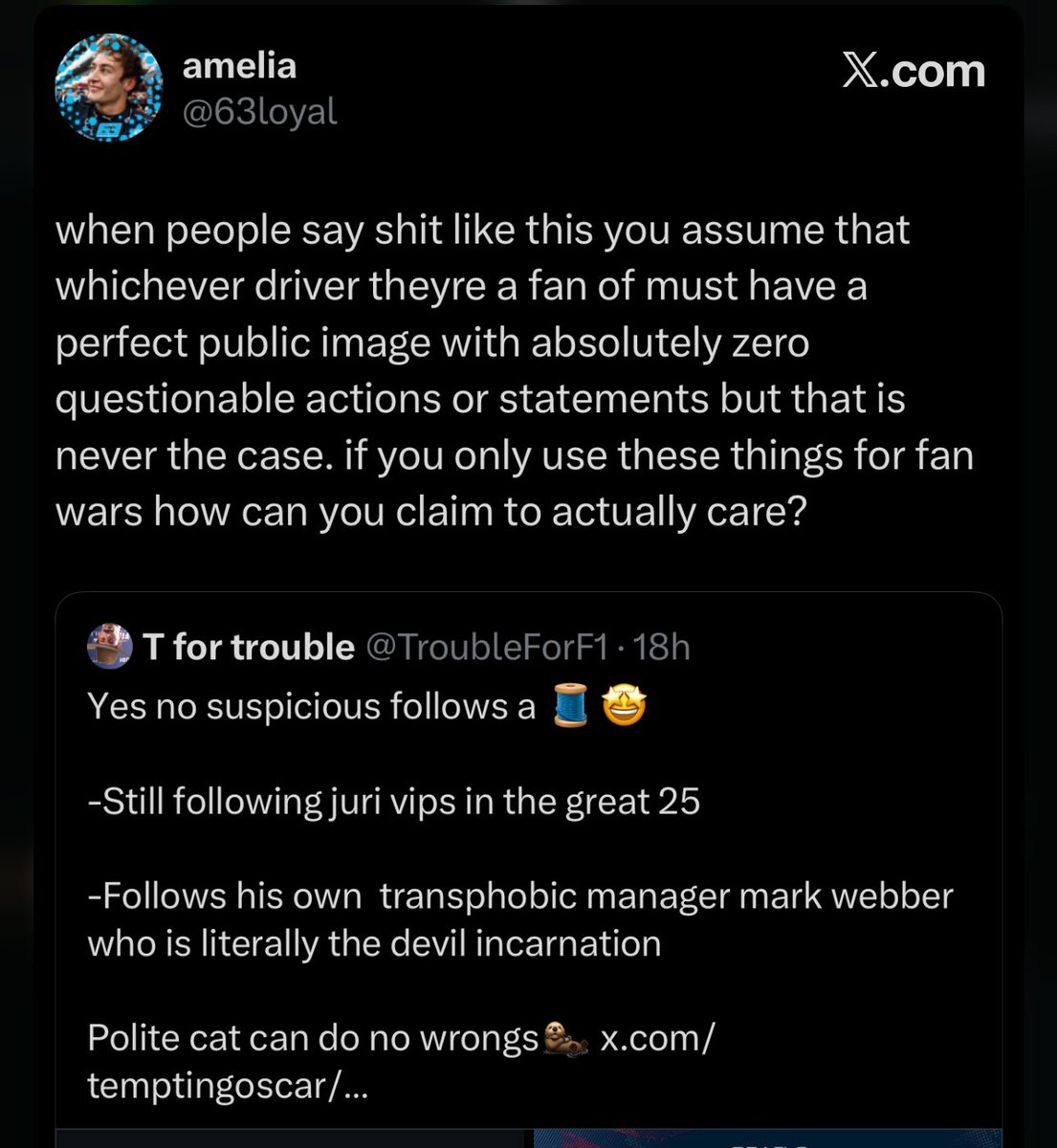 TroubleForF1's tweet photo. This post was deleted before I can respond.
Dear amelia we have never labeled our favorite drivers as saints or made threads about how they are the perfect humans perfect teammates perfect everything all around when we can clearly see his public crash outs 
You move weirdly https://t.co/a4uCoD3ube