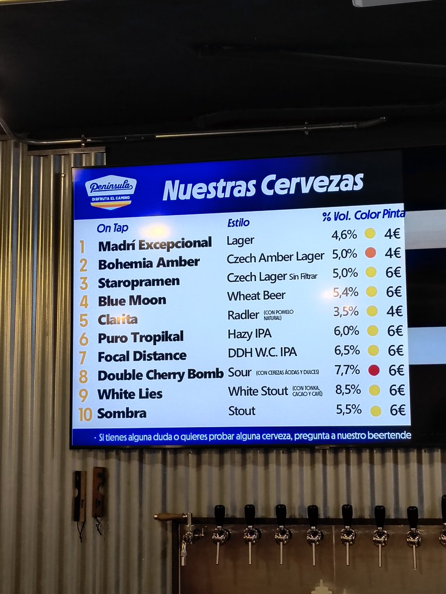 Pizarra del taproom de Península, cada semana que pasa, tiene un grifo propio menos, y las cervezas apenas rotan... no sé yo...