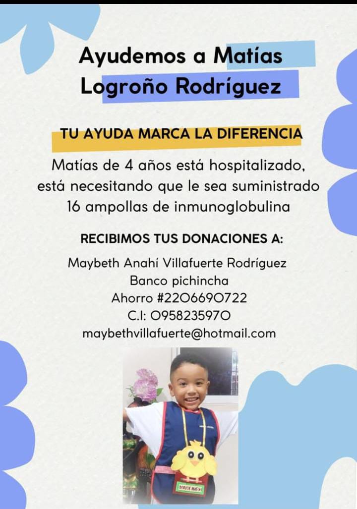 mariogalan9's tweet photo. Unete y se parte de esta causa ❤️#ayudemosaMatias con cada donación ayudara para su recuperación. @DanielNoboaOk @laviniavNoboa  @marcelaguinaga @aguschmer @aquilesalvarez  @Salud_Ec https://t.co/LxVSbFWu56