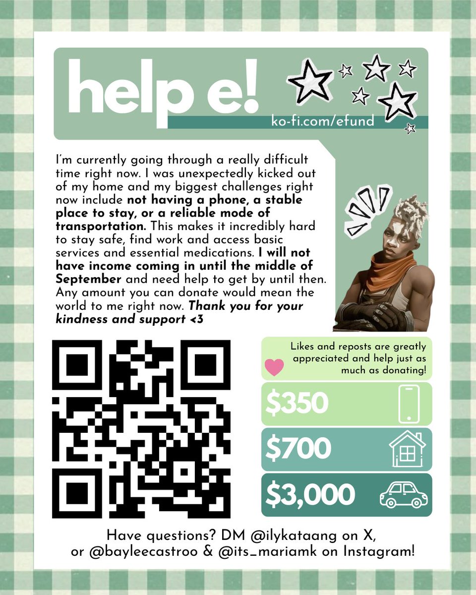 I’m currently going through a really difficult time right now. I was unexpectedly kicked out of my home and my biggest challenges right now include not having a phone, a stable place to stay, or a reliable mode of transportation.…

more info in graphic:  ko-fi.com/efund