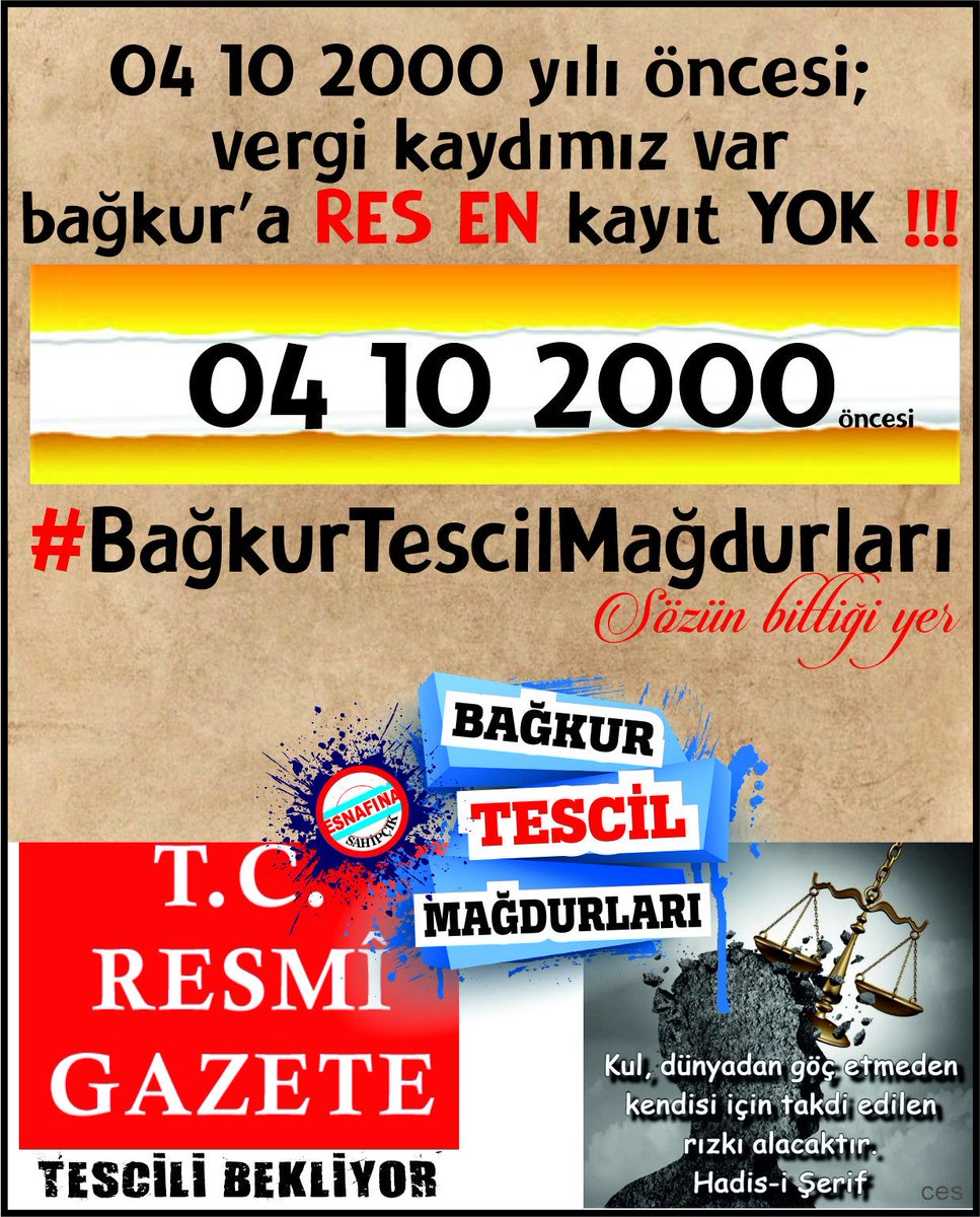 bağkur Tescil mağduru (@mehmet2041158) on Twitter photo <a href="/mesutkesik1/">🇹🇷 Fakir Adam Mesut 🇹🇷</a> <a href="/avabdullahguler/">Abdullah Güler</a> <a href="/AhmetBOgutken/">Ahmet Baha Öğütken</a> <a href="/Akparti/">AK Parti</a> <a href="/vedatbilgn/">Vedat Bilgin</a> 04 Ekim 2000'den önce hak kaybı yaşayan #BağkurTESCİL mağdurları olarak emekli olma hakkımızı istiyoruz. #BağkurTescilMağdurları
için #TescileYasa şart‼️
<a href="/RTErdogan/">Recep Tayyip Erdoğan</a>
<a href="/dbdevletbahceli/">Devlet Bahçeli</a>
<a href="/vedatbilgn/">Vedat Bilgin</a>
<a href="/Akparti/">AK Parti</a>
<a href="/MHP_Bilgi/">MHP</a>
<a href="/herkesicinCHP/">CHP 🇹🇷</a>
<a href="/iyiparti/">İYİ Parti</a>
<a href="/eczozgurozel/">Özgür Özel</a>
<a href="/Mustafa_Destici/">Mustafa Destici</a> <a href="/mesutkesik1/">🇹🇷 Fakir Adam Mesut 🇹🇷</a> <a href="/avabdullahguler/">Abdullah Güler</a> <a href="/AhmetBOgutken/">Ahmet Baha Öğütken</a> <a href="/Akparti/">AK Parti</a> <a href="/vedatbilgn/">Vedat Bilgin</a> 04 Ekim 2000'den önce hak kaybı yaşayan #BağkurTESCİL mağdurları olarak emekli olma hakkımızı istiyoruz. #BağkurTescilMağdurları
için #TescileYasa şart‼️
<a href="/RTErdogan/">Recep Tayyip Erdoğan</a>
<a href="/dbdevletbahceli/">Devlet Bahçeli</a>
<a href="/vedatbilgn/">Vedat Bilgin</a>
<a href="/Akparti/">AK Parti</a>
<a href="/MHP_Bilgi/">MHP</a>
<a href="/herkesicinCHP/">CHP 🇹🇷</a>
<a href="/iyiparti/">İYİ Parti</a>
<a href="/eczozgurozel/">Özgür Özel</a>
<a href="/Mustafa_Destici/">Mustafa Destici</a>