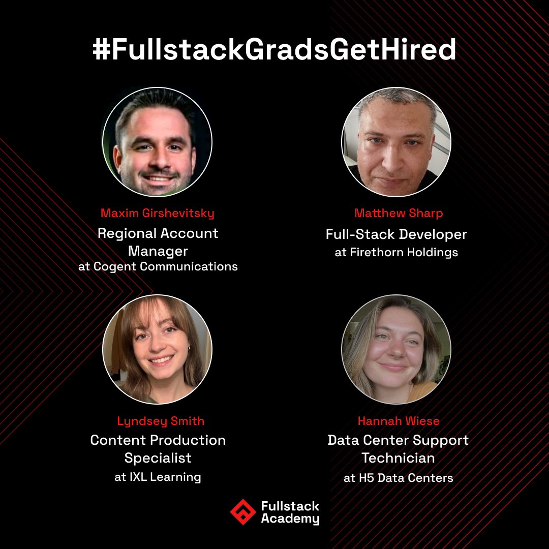 fullstack's tweet image. Here’s another group of #FullstackAcademy graduates who’ve successfully landed new job opportunities! Ready to transform your career? Explore our bootcamps: fullstack.academy/gets-hired-tw
#FullstackGradsGetHired