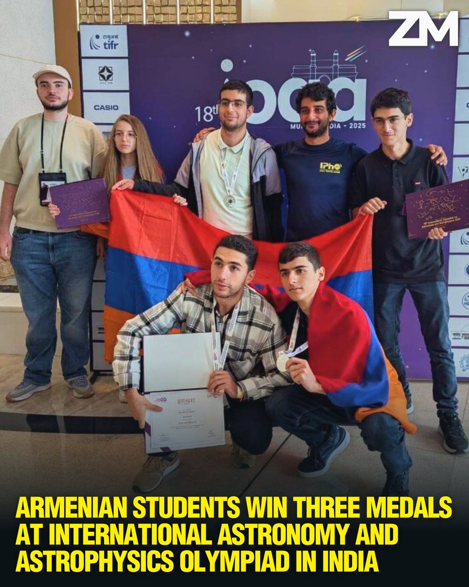 🇦🇲 Armenian Students Win Three Medals at International Astronomy and Astrophysics Olympiad in India
➖➖➖
Armenian high school students won two silver and one bronze medal at the 18th International Olympiad on Astronomy and Astrophysics (IOAA), held from August 11 to 21 in