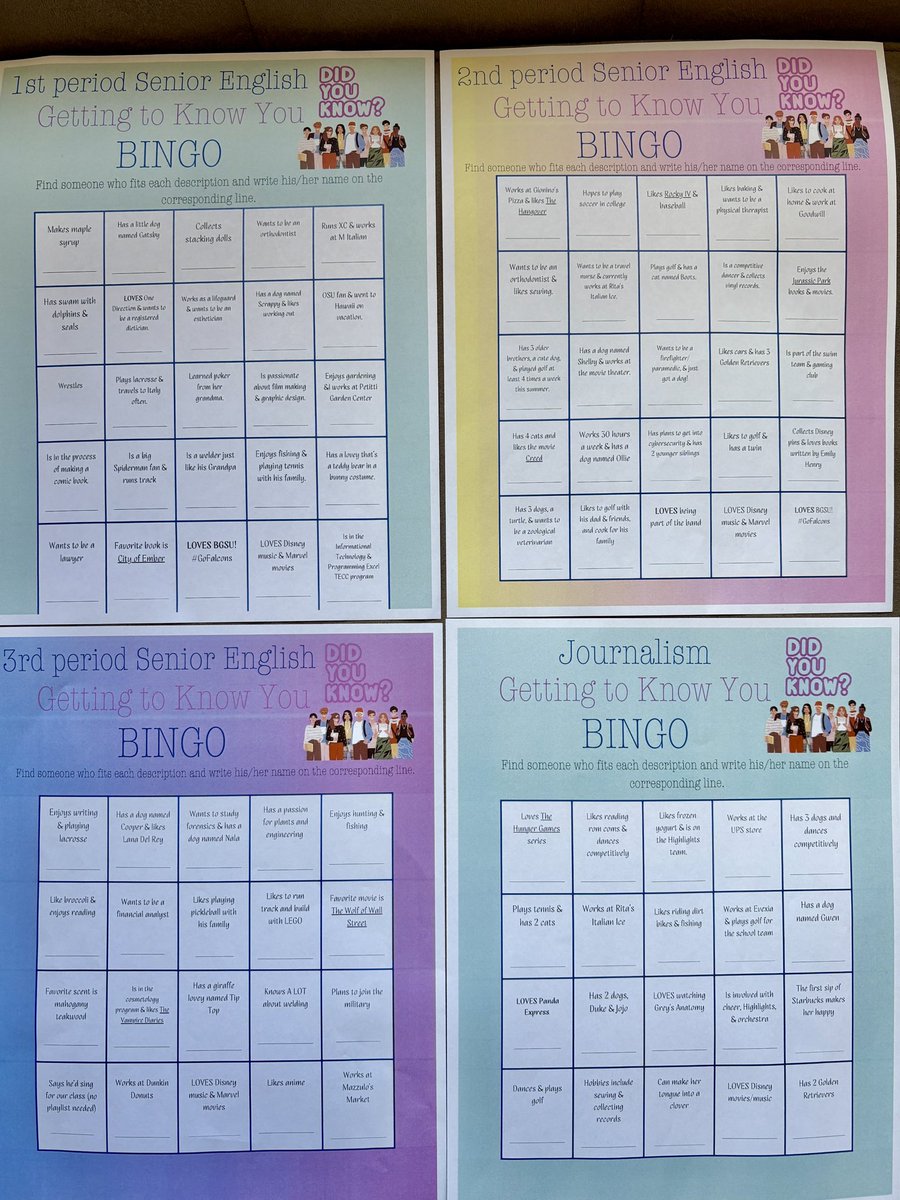 TTaylorAHS's tweet photo. Nothing like a round of Get-to-Know-You Bingo to start a Friday-YAY! 🎉 Students had to find classmates who matched fun facts about pets, travels, hobbies, and dreams—building new connections with every square they filled! #everybodyisawinner 😊 https://t.co/MRJx3TEzrG