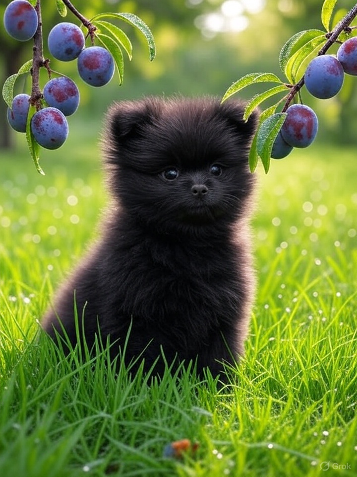 Černý "pomeranč" tentokrát nabízí "švestičky ze zahrádky".  Made with #Grok #AI as always. #Spitz #fluffy #grass #orchard #plums #Pomeranian #puppy #dog #cute #fruits