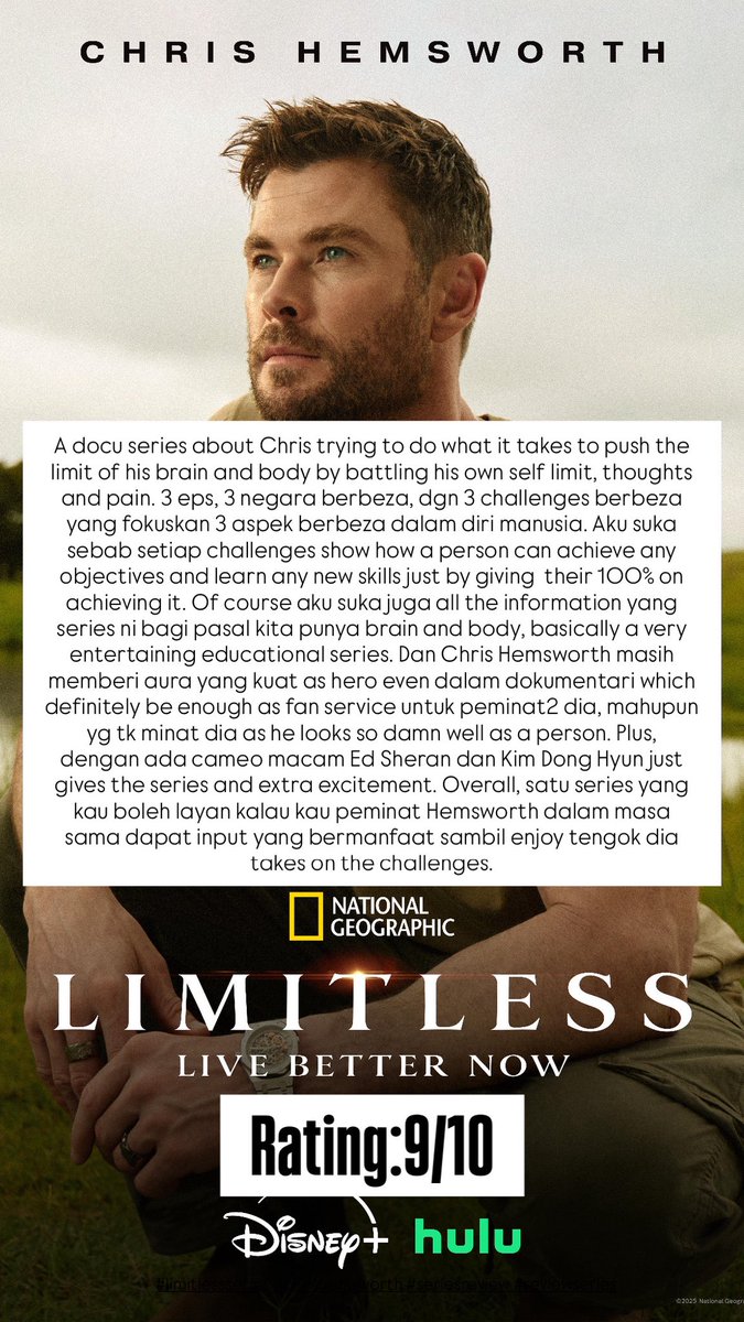 azim_azmn97's tweet photo. LIMITLESS.RATING:9/10. An entertaining educational series that’ll gives you info on the way your body & brain works while also giving u fan service of Chris Hemsworth as he takes on the hard challenges.
#limitlessseries #chrishemsworth #seriesreview #reviewseries https://t.co/IrGWcxy37f