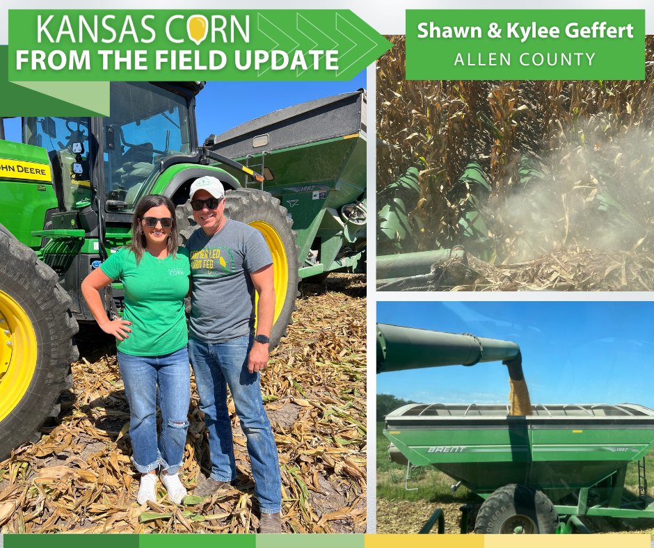 Combines are rolling in southeast Kansas! KCGA Board Member Kylee Geffert and her husband Shawn kicked off harvest yesterday. While some low spots show the impact of flooding, other fields are thriving thanks to timely rains this season. 🌽 #kscorn #harvest25