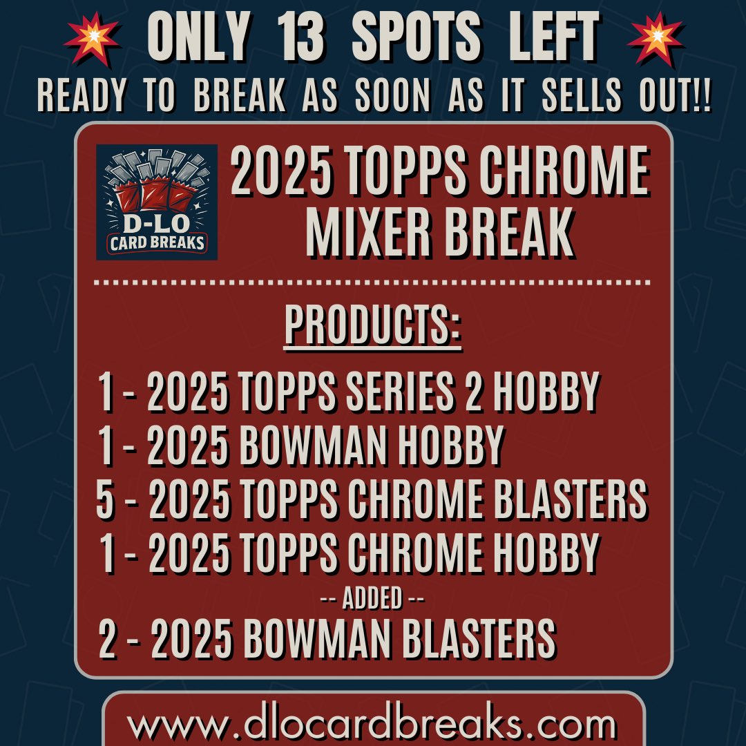 dlocardbreaks's tweet photo. 🚨 UPDATE 🚨
We’re down to just 13 open spots left! Keep grabbing those spots and let’s finish filling this sucker up so we can break!! https://t.co/yCmmJwY8QN