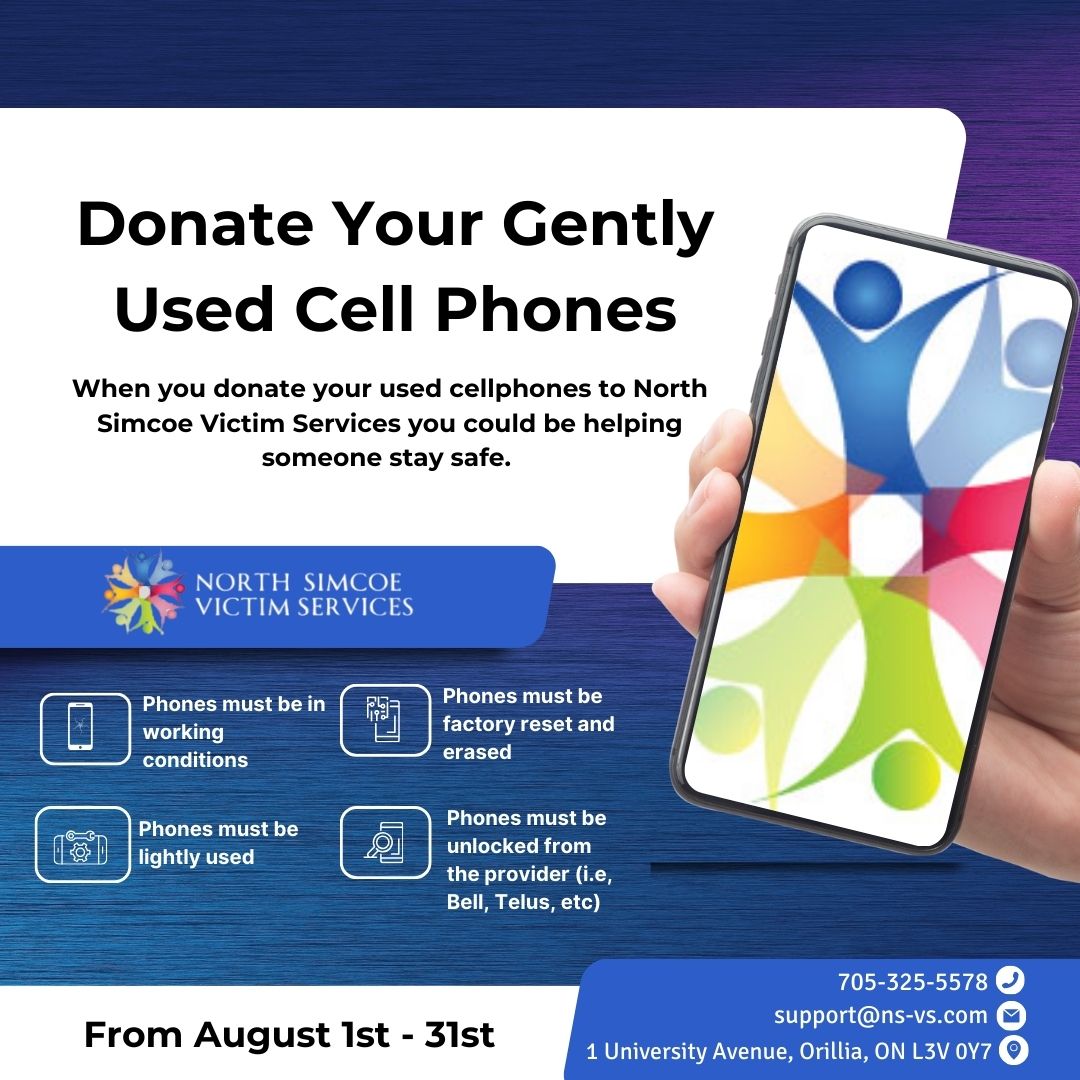 NorthSimcoeVS's tweet image. 📱 Have an old phone? From Aug 1–31, North Simcoe Victim Services is collecting cell phones for victims of crime facing safety concerns. A working phone could save a life. 💙
📍Drop-off: 1 University Ave, Orillia
📞 705-325-5578
📧 support@ns-vs.com
#VictimSupport #Donate