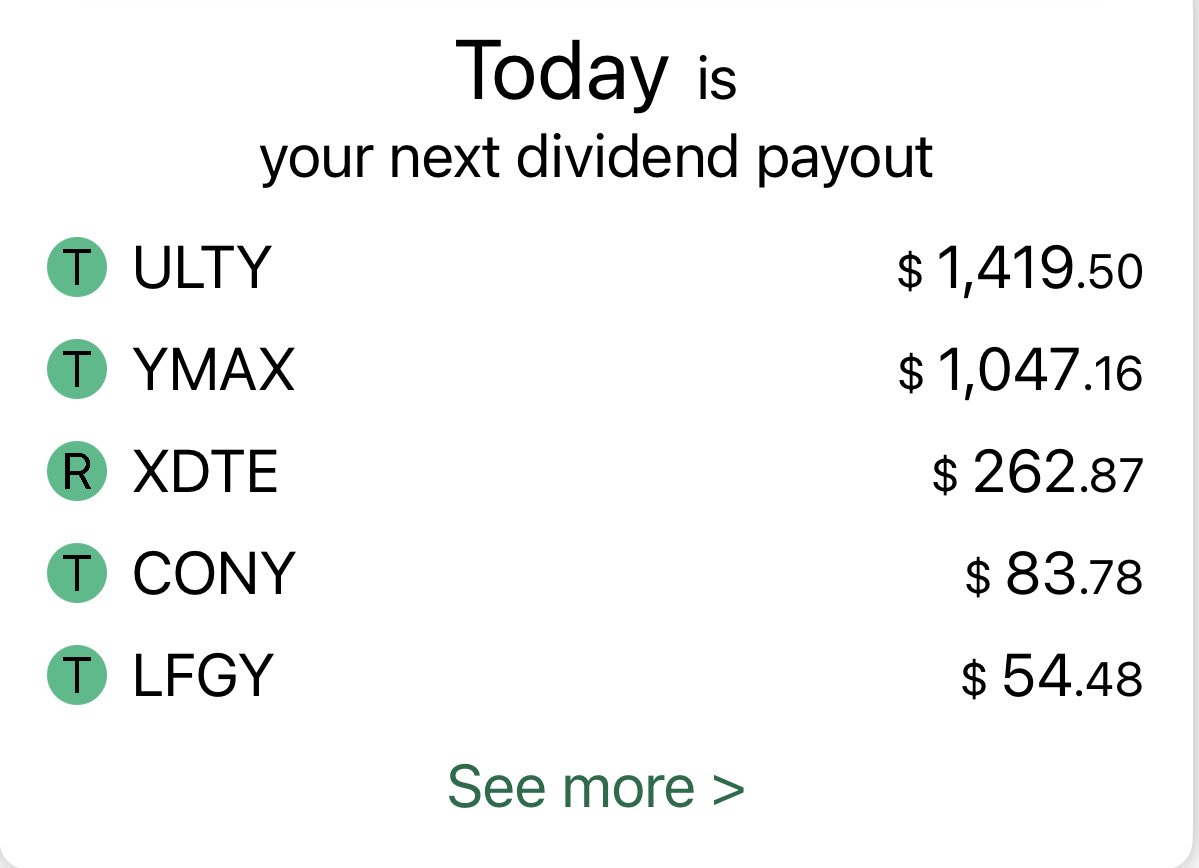 Show me your Friday payouts!

$2865 coming in tonight

 $YMAX $ULTY $XDTE