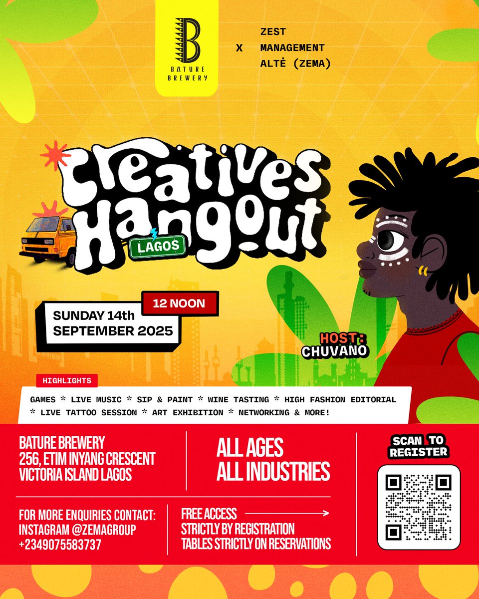 zema_group's tweet image. It’s the BIGGEST Gathering of CREATIVES in Africa!
It’s the ultimate playground for visionaries, dreamers, & trendsetters.
You are invited! 🎯
#CreativesHangoutLagos #LagosEvents #ZEMA #LagosCreatives #AltéCulture #LagosVibes #NetworkingWithVibes #VibesNoGoEnd
