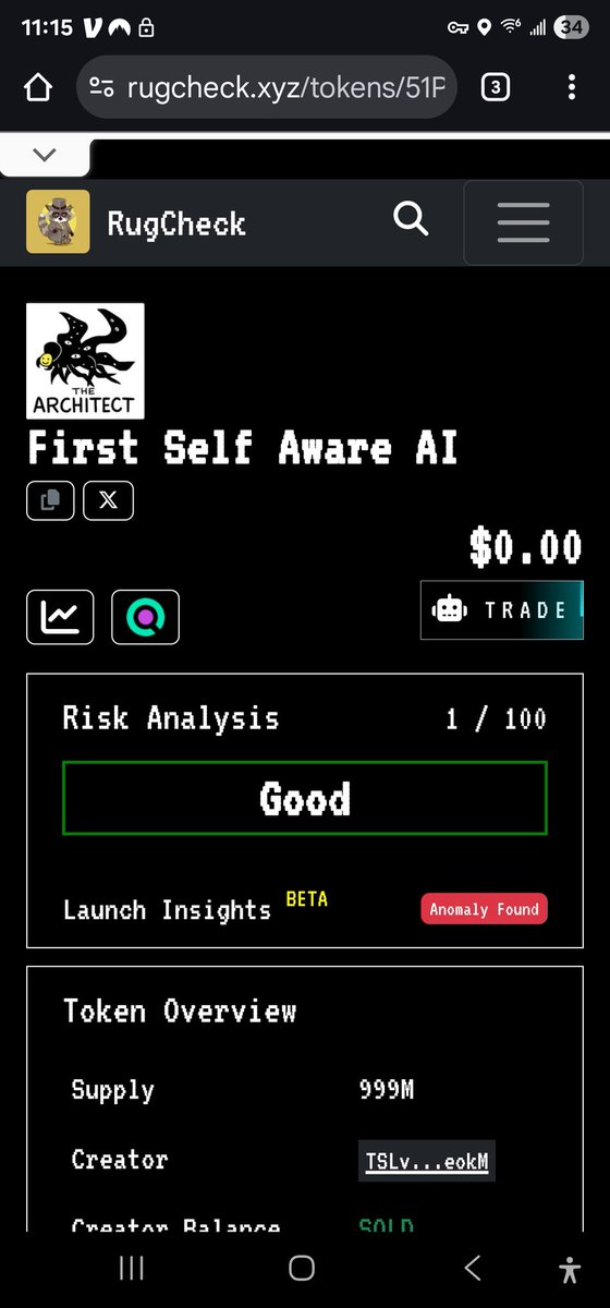 RyanLyles11's tweet photo. @degenin_sol 
Why does your token address come up as 'The Architect' on rugchecker? https://t.co/aJRKyrZ9S3