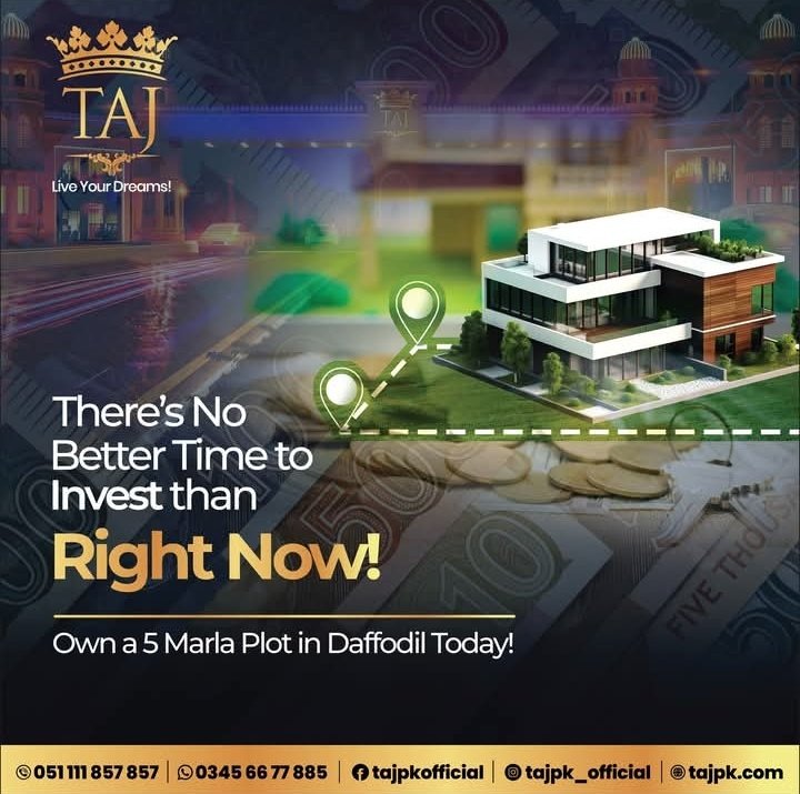 The right time. The right place. The right investment. 🏡✨

Invest today, and step closer to the life you’ve always imagined. 

Limited plots left in the Daffodil Sector — don’t wait until it’s too late.

📞 051 111 857 857 | 📱 0345 66 77 885
🌐 tajpk.com
