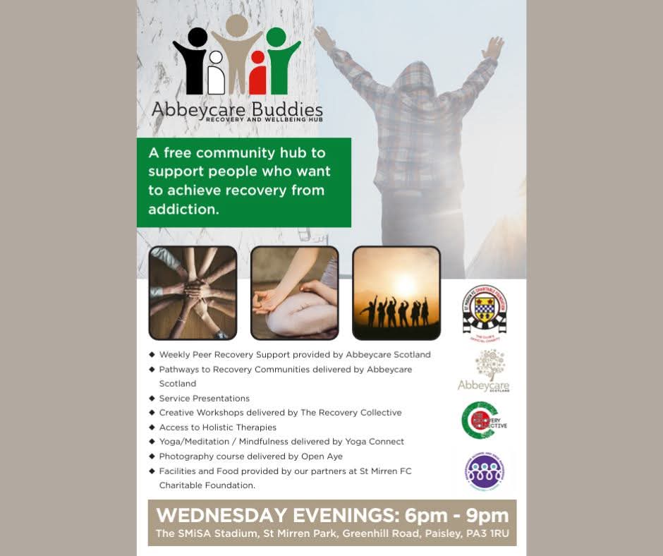 Rec_CollectCIC's tweet image. 🤝 Thrilled to team up with @AbbeycareScot &amp;amp; @StMirrenCharity to bring a 16-week Creative Workshop programme to the new #AbbeycareBuddies Recovery &amp;amp; Wellbeing Hub!

📅 Wednesdays, 6–9pm
📍 SMiSA Stadium, Paisley

Recovery. Creativity. Community. 💚
#RecoveryCommunity