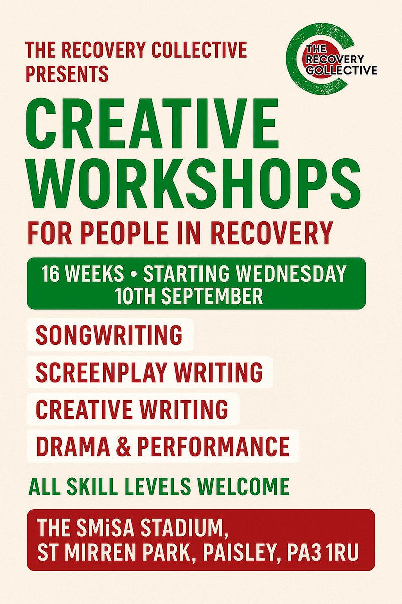 Rec_CollectCIC's tweet image. 🤝 Thrilled to team up with @AbbeycareScot &amp;amp; @StMirrenCharity to bring a 16-week Creative Workshop programme to the new #AbbeycareBuddies Recovery &amp;amp; Wellbeing Hub!

📅 Wednesdays, 6–9pm
📍 SMiSA Stadium, Paisley

Recovery. Creativity. Community. 💚
#RecoveryCommunity