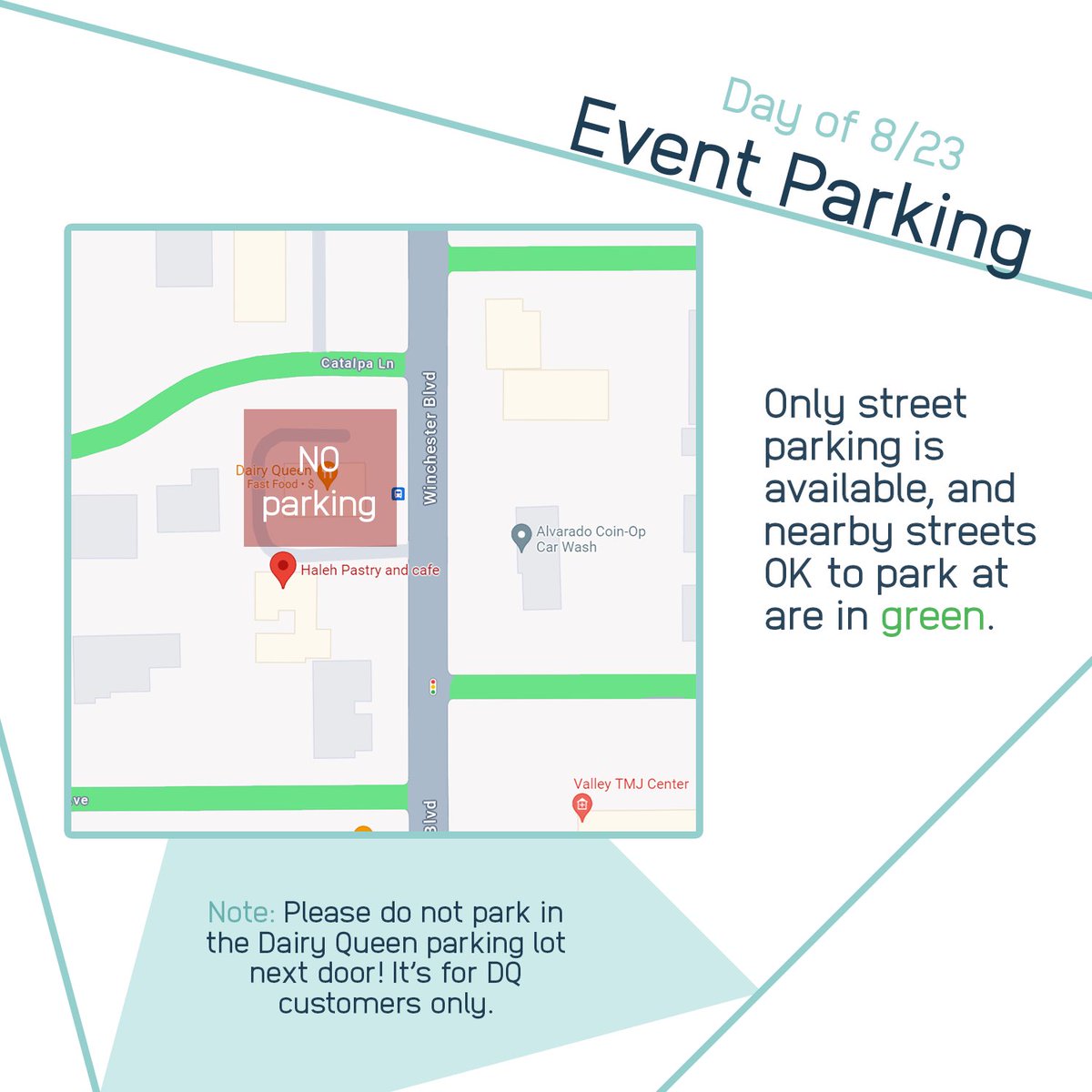 ✨Event tomorrow✨

There is only street parking at Haleh Pastry.

It will be ~80F at 4 pm and will cool down a little by the end of the event, but not by much. Seating is shaded, but still outdoors! We will have cold water available.

#faruzangenshin #genshinimpact