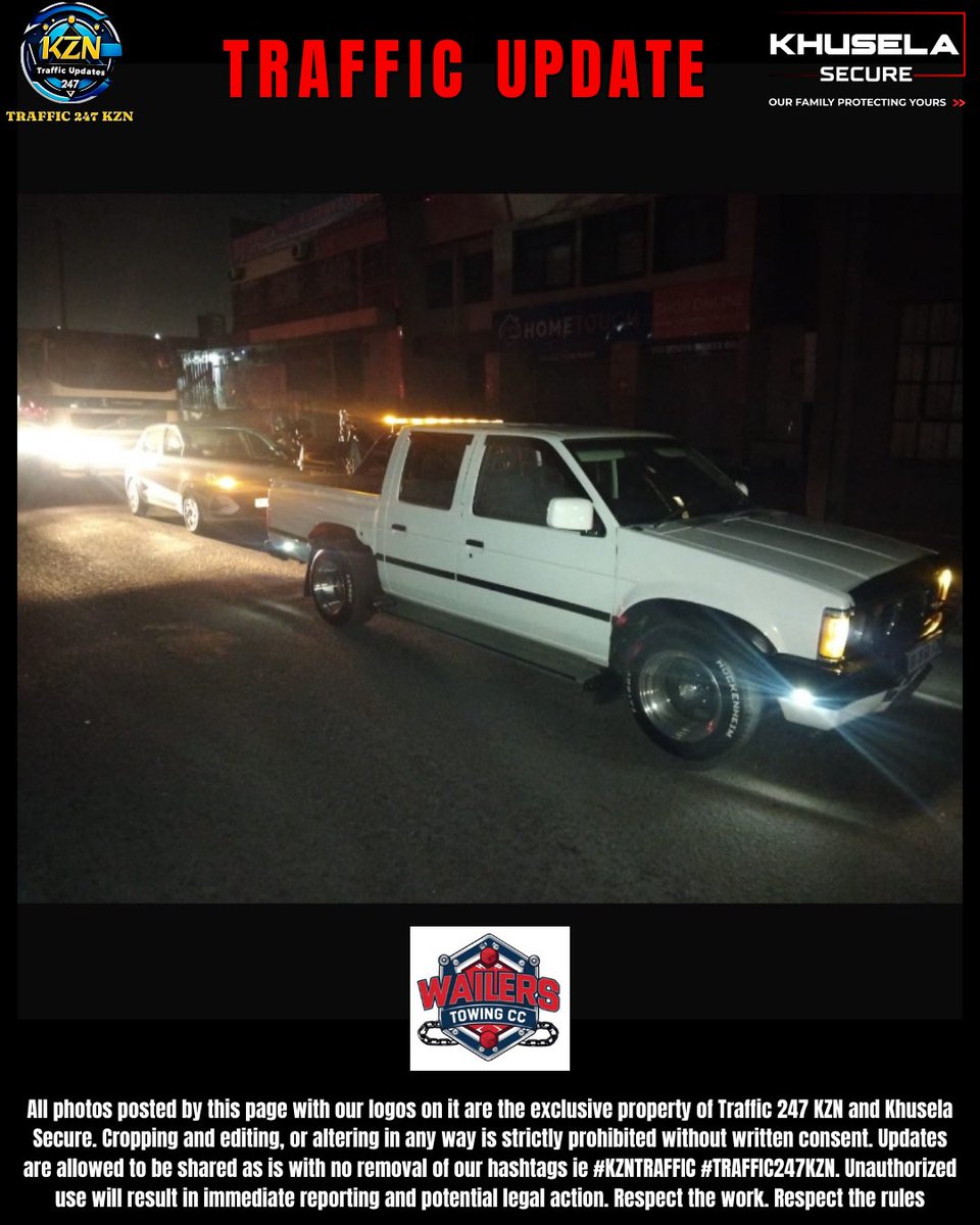 Time - 20:16
Date - 22 August 2025

MVC
C/O South Coast Road &amp; Edwin Swales Drive 
HMV vs LMV
No Injuries 
Wailerz Towing On Scene 

#KZNTRAFFIC #TRAFFIC247KZN