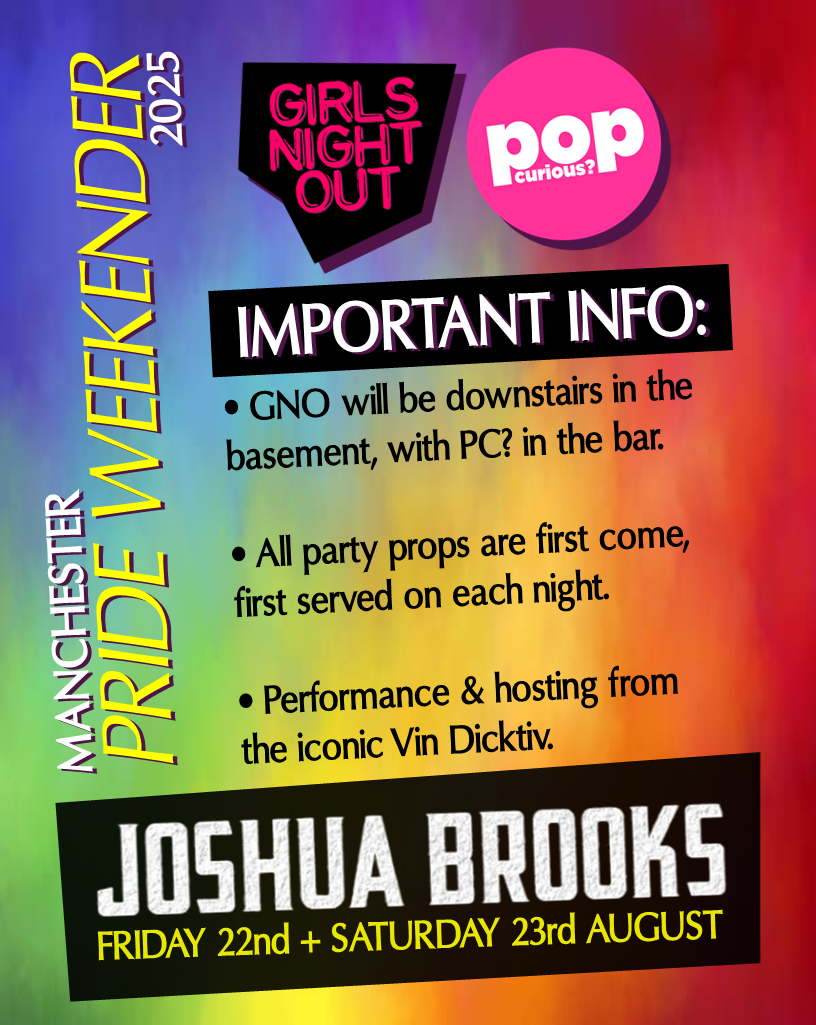 THIS WEEKEND!

We open at 10pm at <a href="/JoshuaBrooksMCR/">Joshua Brooks</a> on Fri 22nd &amp; Sat 23rd August.

<a href="/GirlsNightOutUK/">GIRLS NIGHT OUT</a> will be in the basement, and <a href="/PopCuriousClub/">Pop Curious?</a> will be in the main bar.

All party props are first come, first served both nights.

Last cheaper entry tix: buytickets.at/iamdresden/178…