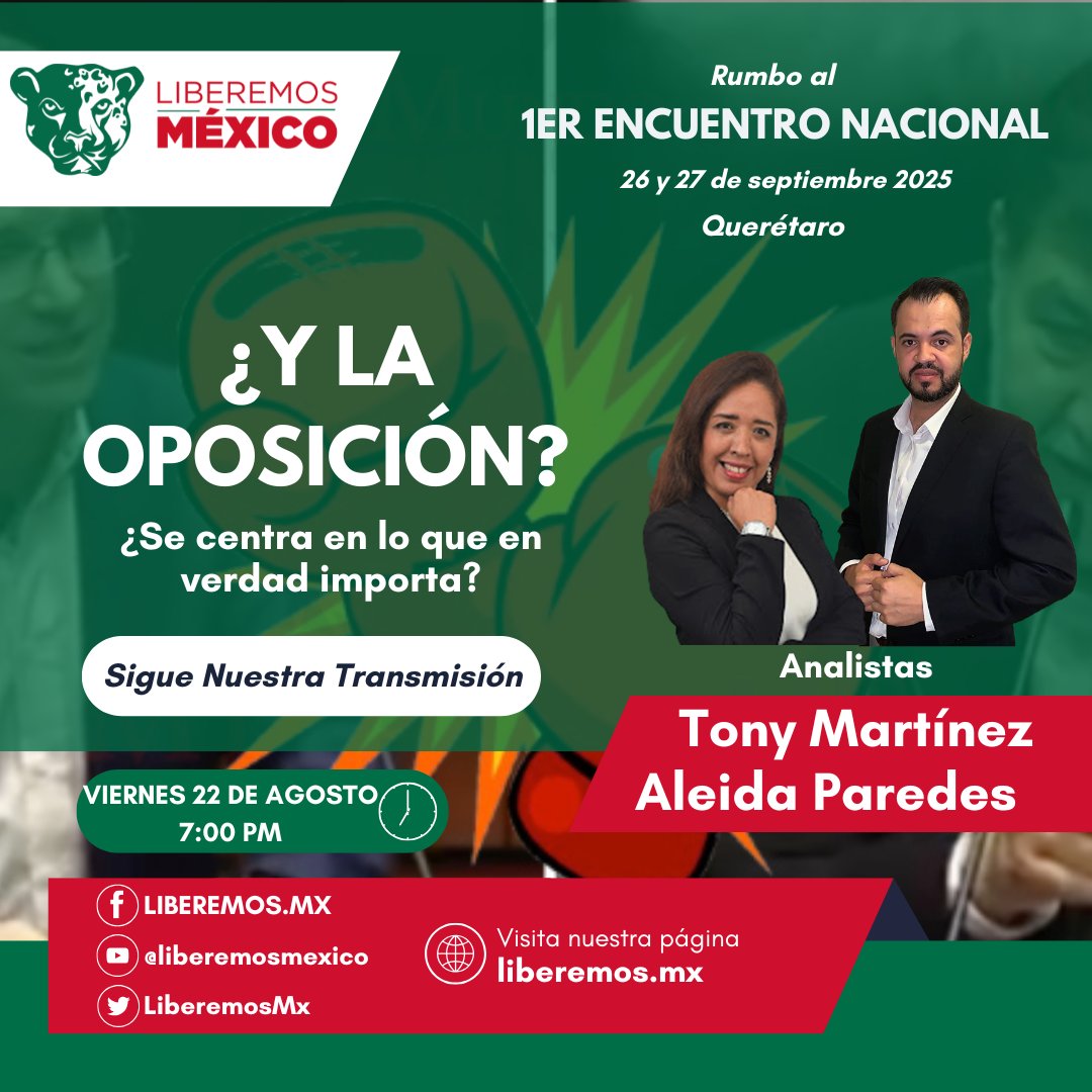 ¿Y la oposición? ¿Está cumpliendo su papel real o se olvidó de lo importante?
Acompáñanos en una mesa redonda imperdible.
- Viernes 22 de agosto 2025
- 19:00 hrs (CdMx)
- Tony Martínez y Aleida Paredes
#AnálisisPolítico #MesaRedonda #Oposición