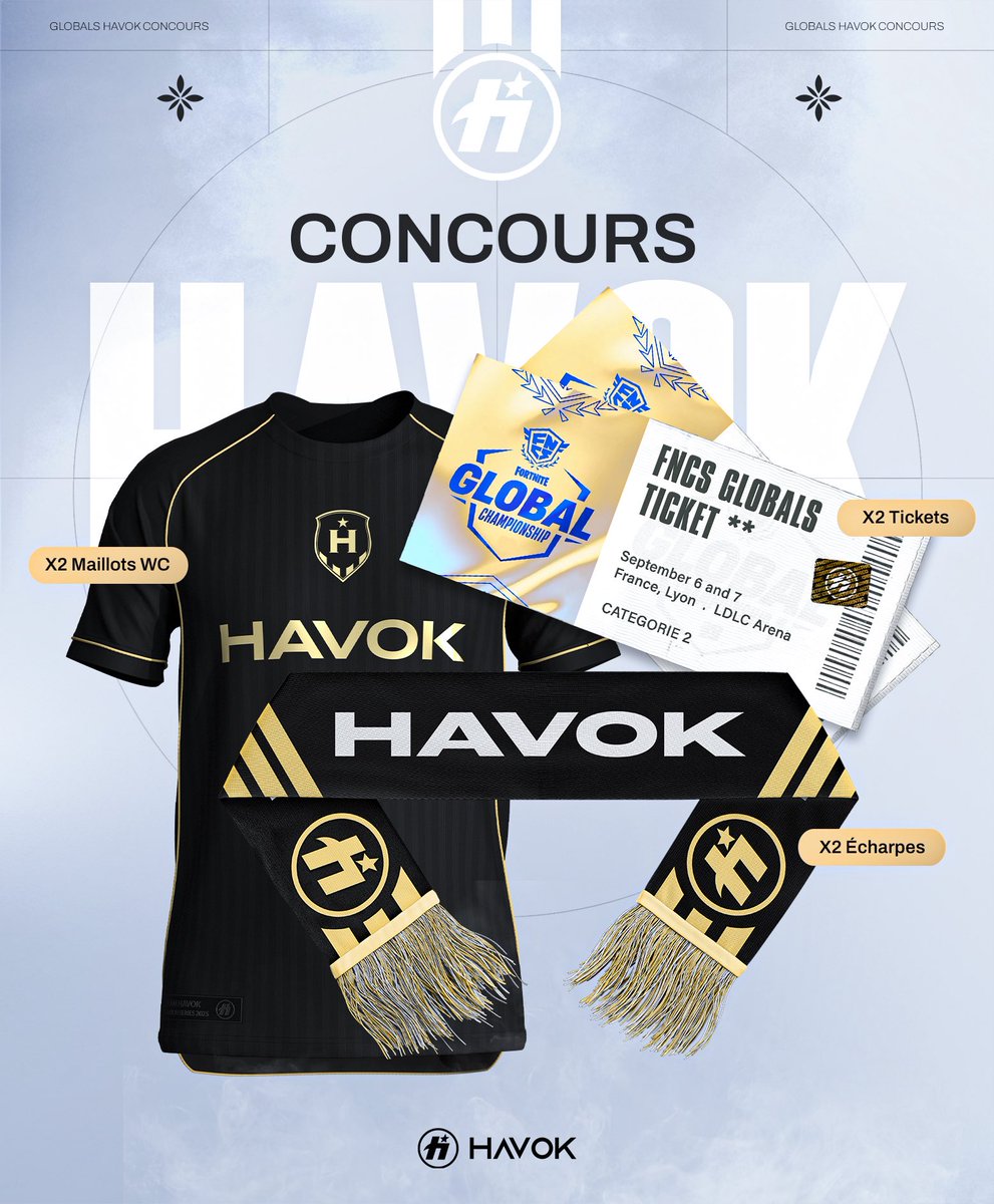 Team HavoK (@hvkggs) on Twitter photo CONCOURS EXCEPTIONNEL 🤩🎁
On vous fait gagner un pack avec :
- 2 billets 🎟️ pour assister à la Coupe du Monde de Fortnite à Lyon
- 2 maillots World Cup HavoK
- 2 écharpes de supporters
Pour tenter de le remporter, il te suffit de suivre <a href="/HvKGGs/">Team HavoK</a>, RT ce post et mentionner la CONCOURS EXCEPTIONNEL 🤩🎁
On vous fait gagner un pack avec :
- 2 billets 🎟️ pour assister à la Coupe du Monde de Fortnite à Lyon
- 2 maillots World Cup HavoK
- 2 écharpes de supporters
Pour tenter de le remporter, il te suffit de suivre <a href="/HvKGGs/">Team HavoK</a>, RT ce post et mentionner la