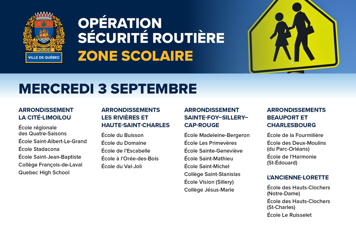 SPVQ_police's tweet photo. #RetourEnClasse | Le blitz de la rentrée se poursuit! 
Nos équipes sont présentes chaque jour dans différentes écoles. 
📍 Voici celles visitées aujourd’hui. 
#zonescolaire #sécuritéroutière https://t.co/w7UDYgTrVu