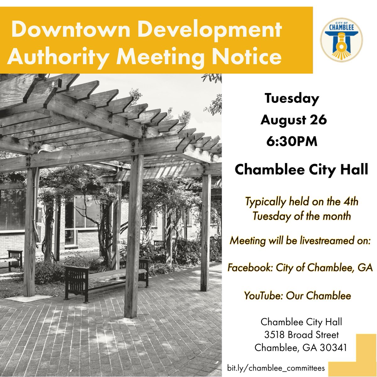 The Downtown Development Authority will meet on Tuesday, August 26 at 6:30 p.m. at Chamblee City Hall.

The meeting will be livestreamed on the City's Facebook Page and YouTube channel.
