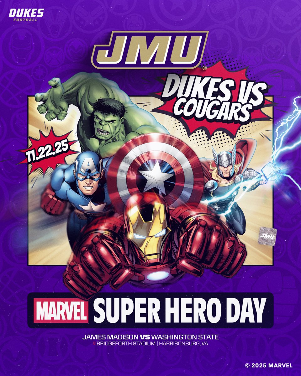 JMUSports's tweet photo. Excited for @JMUFootball to host the first ever collegiate @Marvel Super Hero Day! 

Grab your capes and shields and get ready for Nov. 22 at Bridgeforth Stadium!

ℹ️ | https://t.co/Inzv0XKdhK

#GoDukes https://t.co/ccD3ft7tjL