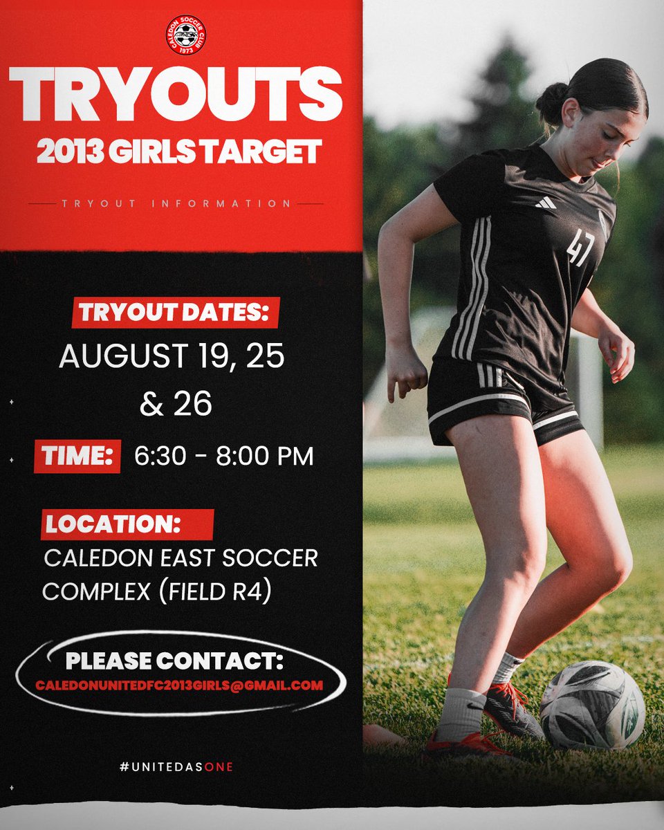 2013 Girls Target Tryouts ⚽

📅 August 19, 25 &amp; 26
🕡 6:30 – 8:00 PM
📍 Caledon East Soccer Complex (Field R4)

📧 For more info: caledonunitedfc2013girls@gmail.com

#UnitedAsOne