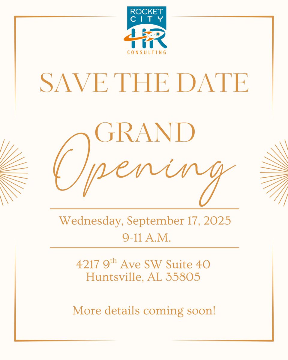 RocketCityHR's tweet photo. 🚀 Big News from Rocket City HR Consulting! 🚀

We have a new office! 🎉
Mark your calendars and join us for our Grand Opening Celebration:
✨ Save the date and stay tuned for more details—we can’t wait to celebrate with you!
#RocketCityHR #HuntsvilleBusiness #Huntsville #Alabama https://t.co/y68h7rFc0W
