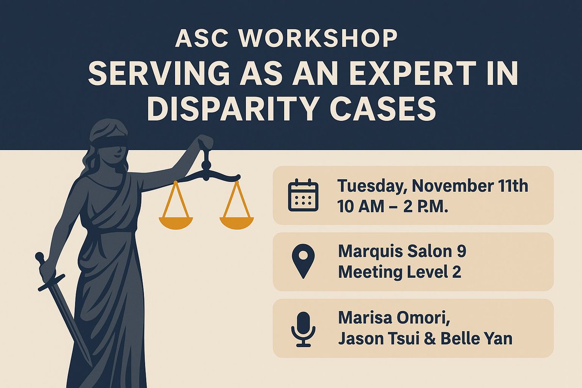 Amer Soc of Crim (@ascrm41) on Twitter photo For those interested in translating research on disparities for legal audiences, please join this pre-conference workshop, 10:00 - 2:00 pm on Tue, Nov 11, by Marisa Omori, Jason Tsui & Belle Yan More information, please visit: shorturl.at/NJd7G
#ASCinDC25 #ASCriminology2025 For those interested in translating research on disparities for legal audiences, please join this pre-conference workshop, 10:00 - 2:00 pm on Tue, Nov 11, by Marisa Omori, Jason Tsui & Belle Yan More information, please visit: shorturl.at/NJd7G
#ASCinDC25 #ASCriminology2025
