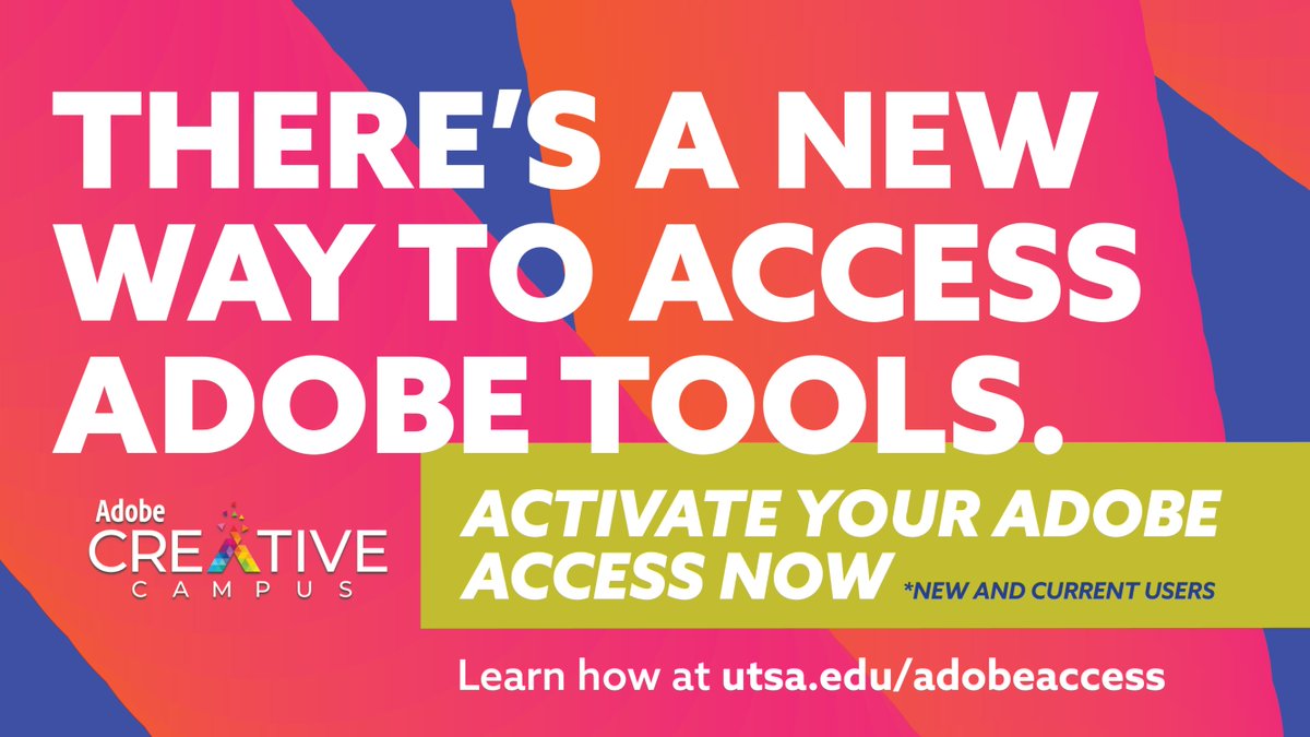 🚨 Today’s the day! To continue using Adobe tools like Express or Creative Cloud, you must activate your access through UTSA’s new Adobe Activation portal.

🔗 Get Started: utsa.edu/adobeaccess

#UTSA #Adobe #CreativeCloud
